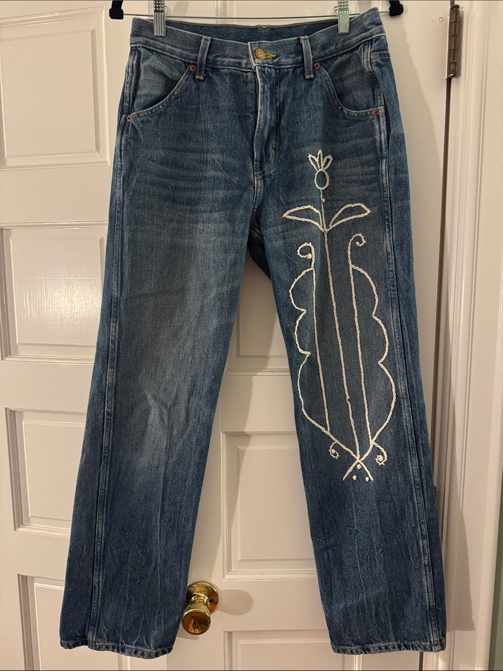 B SIDES Blue Straight-Leg Jeans with White Embroidered Floral Detail